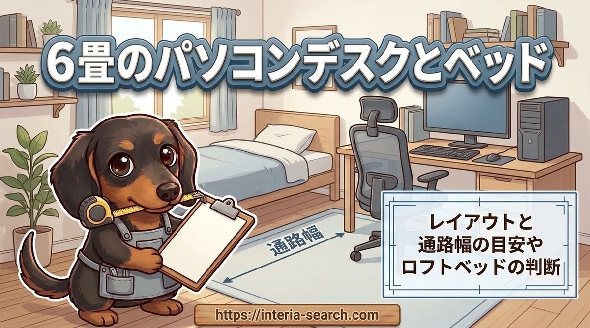 【6畳のパソコンデスクとベッド】レイアウトと通路幅の目安やロフトベッドの判断