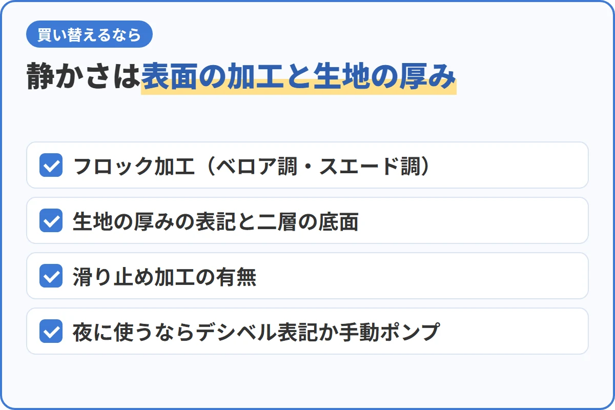 静かさは表面の加工と生地の厚み